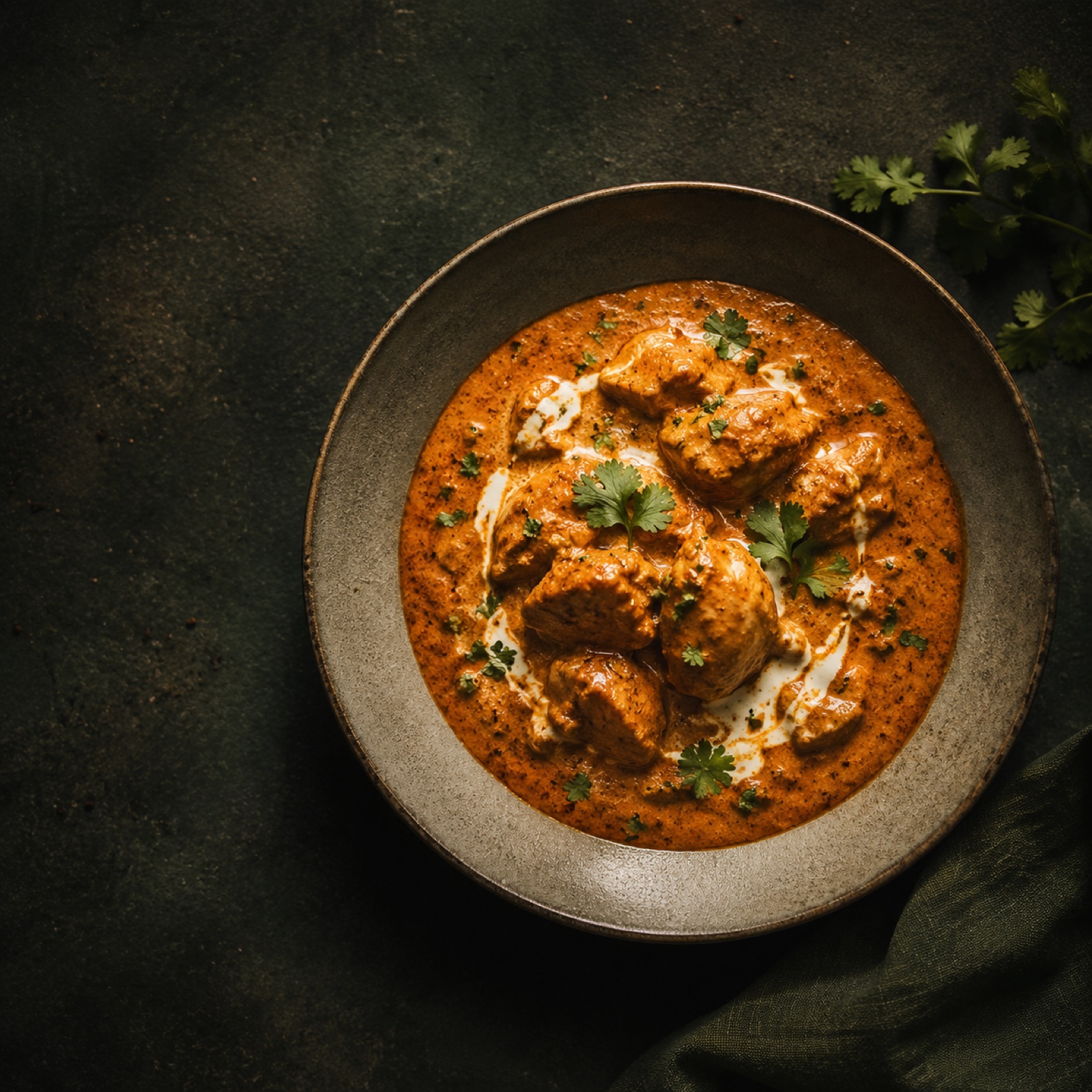 A bowl of butter chicken photographed from above on a dark surface.