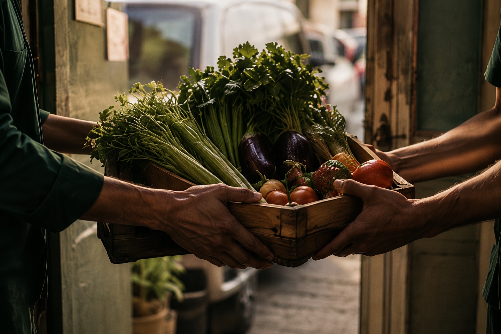 A crate of fresh produce being handed over at a restaurant back door.