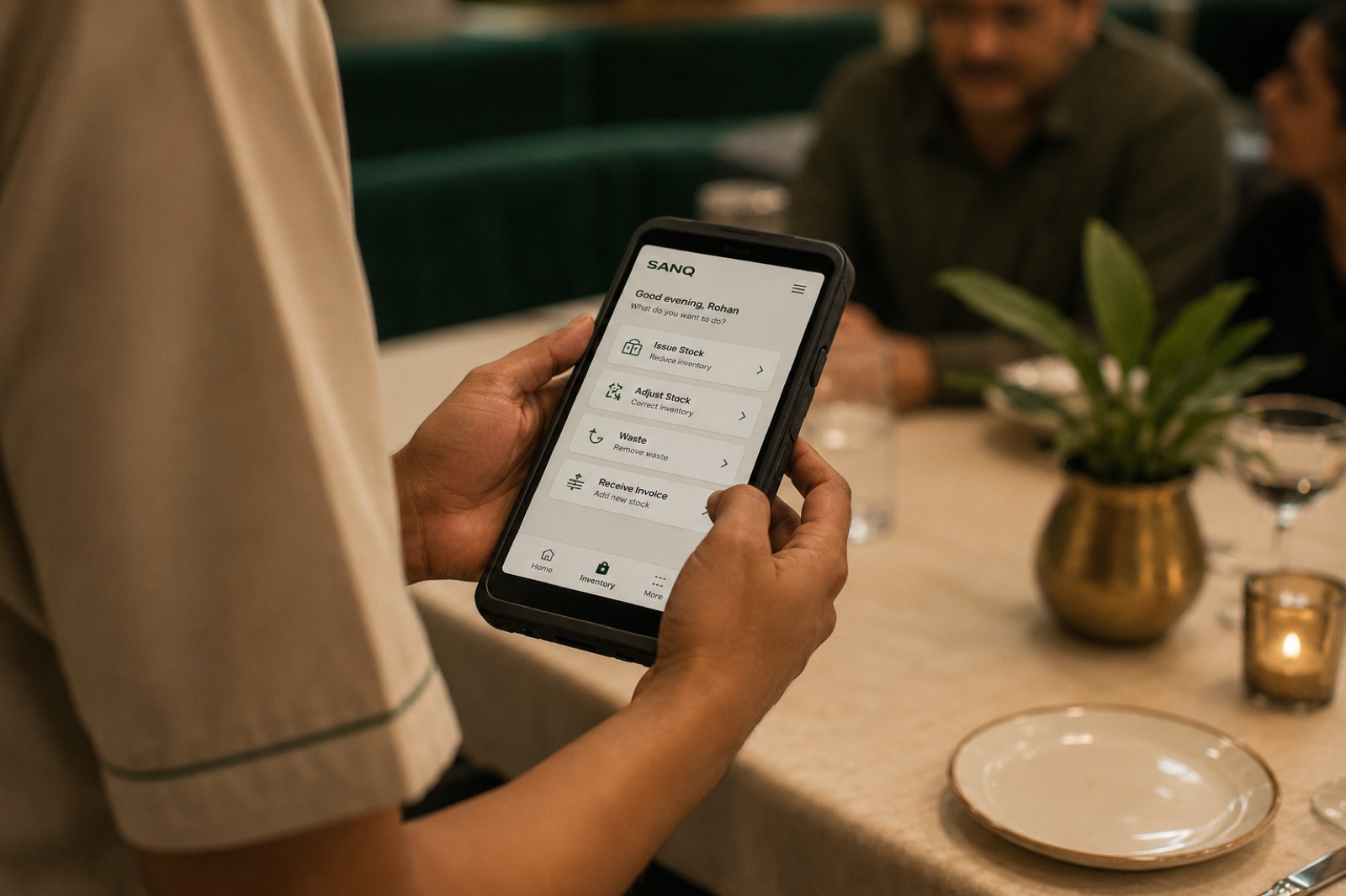 A server taking an order on a handheld device at a restaurant table.